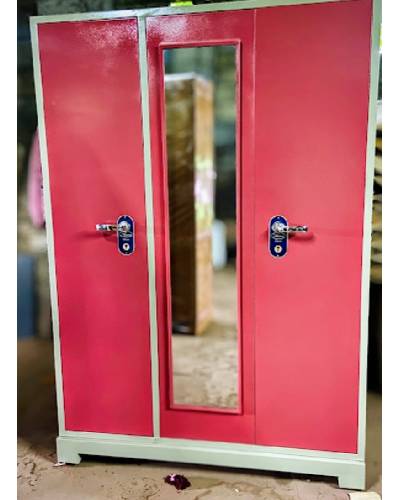 3 Door Steel Almirah with Centre Mirror - Pink