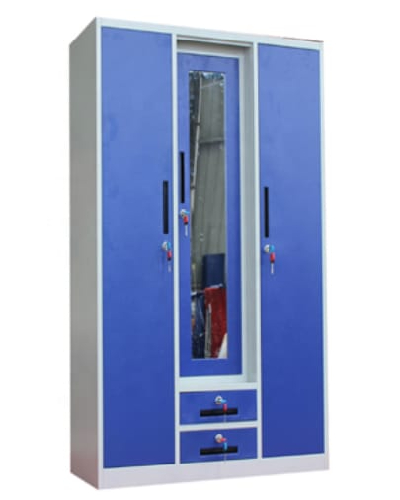 3 Door Steel Almirah with Mirror & 2 Drawers - Blue