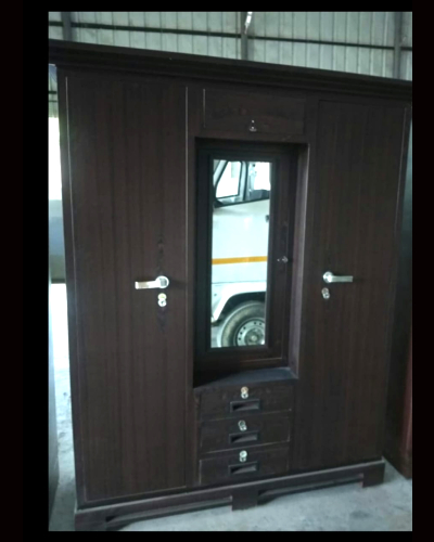 3 Door Steel Almirah with Mirror & 3 Drawers - Wood Finish